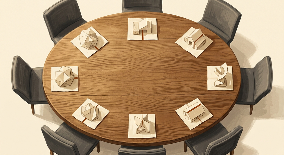 An oval wooden table seen from above, with a different folded paper model set out at every place around it and nothing in the middle.