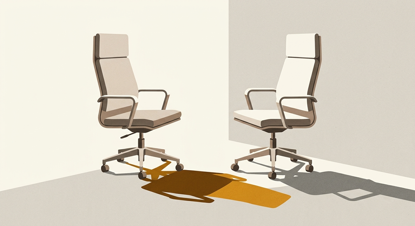 Two office chairs facing each other in a bare room, their shadows pooling together into a single amber shape on the floor between them.
