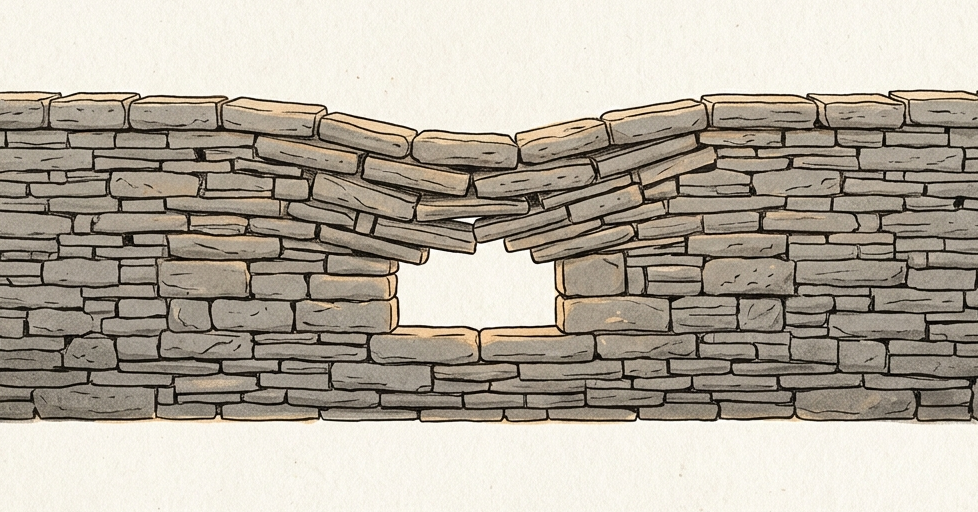 A dry-stone wall with one block missing near the center, the courses above it sagging into the gap while the rest of the wall stays level.