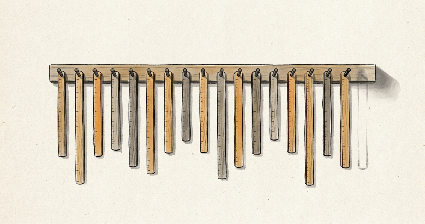 A rack of wooden measuring sticks of slightly different lengths, with one empty peg where the master measure should hang.